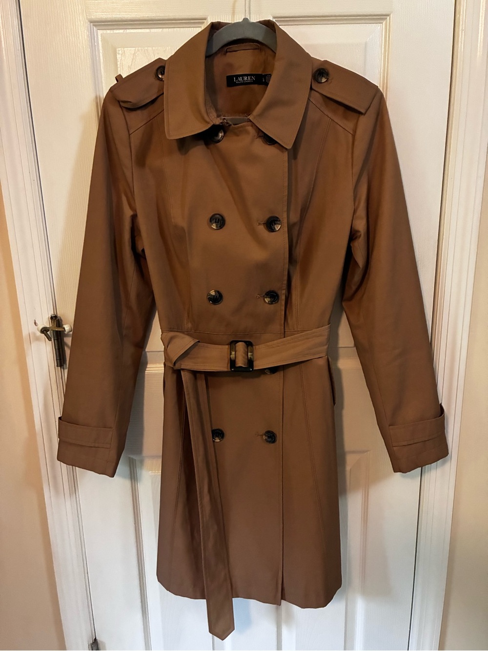 Lauren Ralph Lauren Camel Brown Double-Breasted Trench Coat with Belt